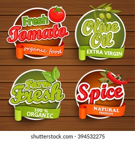 Farm fresh, organic food label - olive oil, tomato, spice, badges or seals on the wooden background, vector illustration.