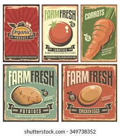 Farm Fresh Organic Products Retro Tin Signs Collection. Gmo Free Delicious Vegetables Vintage Poster Set. 