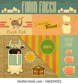  Farm Fresh Organic Products. Vintage Card, Retro Farm Food Emblems. Vector Illustration.