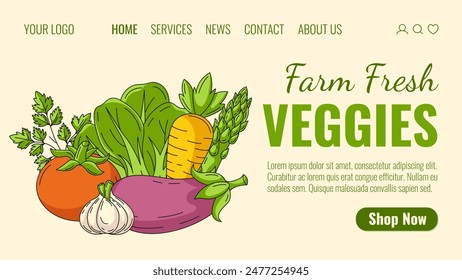 Granja de verduras orgánicas frescas. Pida verduras naturales, productos ecológicos, comida saludable a domicilio. Plantilla de Vector de página de destino para Sitio web, Web, tienda de comestibles, tienda en línea, mercado de agricultores.	