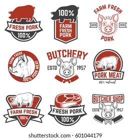 farm fresh pork meat emblems. Design elements for logo, label, sign. Vector illustration.