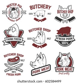 farm fresh pork meat emblems. Design elements for logo, label, sign. Vector illustration.