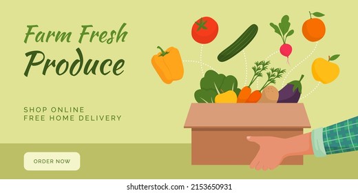 Farm Fresh Produce Delivery At Home: Farmer Holding A Box Full Of Fresh Delicious Vegetables And Fruits