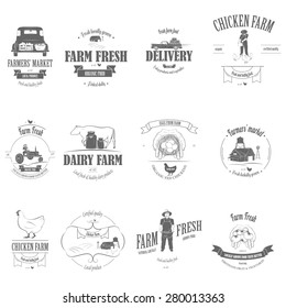 Farm Fresh Products Badge Set Vector Illustration. Contains Images of Barn, Farm Truck, Tractor, Cow, Chicken, Famer, Eggs, Human Hands, Milk Can, Farm Constructions, Tomatoes.