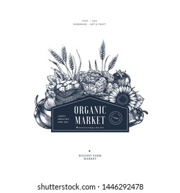 Farm fresh products design template. Vintage style organic vegetables. Vector illustration