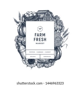 Farm fresh products design template. Vintage style organic vegetables, house, potato, pumpkin, sunflower, cabbage, wheat. Vector illustration