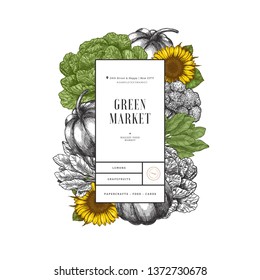 Farm fresh products vertical design template. Vintage style organic vegetables. Vector illustration