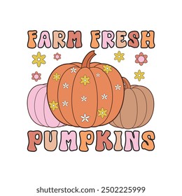 Calabazas frescas de la granja, Vector divertido del diseño de la camisa de Halloween, ilustración retro de Halloween, diseño de la camiseta de la tipografía de Halloween de las citas