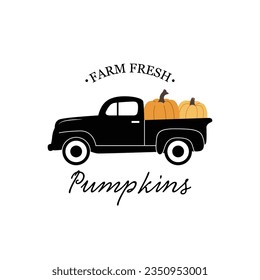 Farm fresh pumpkins. Old retro car silhouette. Fall autumn pumpkin market. Vector