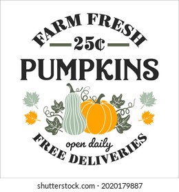 Farm fresh pumpkins open daily inspirational slogan inscription. Vector Thanksgiving quotes. Illustration for prints on t-shirts and bags, posters, cards. Fall phrase. Isolated on white background.