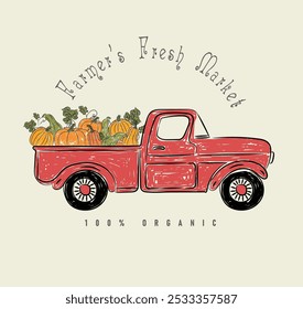 Farm fresh pumpkins open daily inspirational slogan inscription.. Classic vintage pickup truck with vegetables.  Illustration for prints on t-shirts and bags, posters, cards. Fall phrase. Isolated on