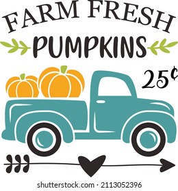 Farm fresh pumpkins sign with old vintage truck vector illustration isolated on white background. Fall harvest festival design perfect for banners, invitations, flyers, cards and so on