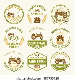 Farm fresh set of vector vintage colored labels, badges, emblems and stickers with tractor. Farming and agriculture, organic food, locally grown design elements for product packaging 