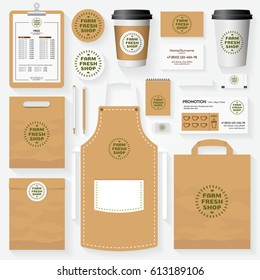 Farm fresh shop corporate identity template set with logo for use vegan shop, healthy food store, vegetarian cafe, natural product etc. Set of card, menu, package, uniform. Vector Illustration