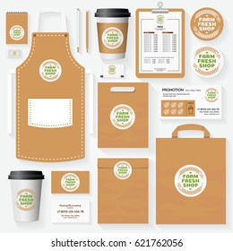 Farm fresh shop corporate identity template for use organic market, natural product, vegan shop, healthy food store, vegetarian cafe. Set of card, menu, package, uniform. Vector Illustration
