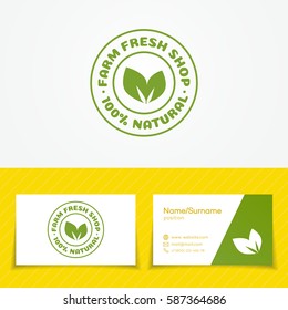 Farm fresh shop logo set with two green leaves use for natural product market, vegan food store, ogranic shop and etc. Vector Illustration