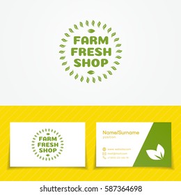 Farm fresh shop logo set with green leaves use for natural product market, vegan food store, ogranic shop and etc. Vector Illustration