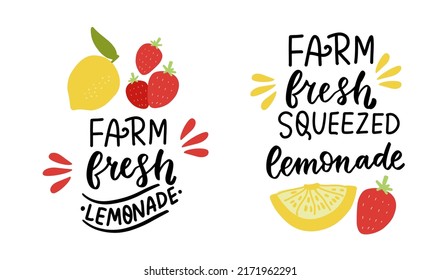 Farm frisch gepresste Limonade Zitrone und Erdbeere. Handschrift Farm Sommer handgefertigte Limonade Produktetiketten, Anhänger. 