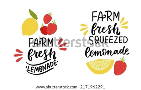 Farm fresh squeezed lemonade quote with lemons and strawberry. Hand lettering farm summer hand made lemonade product labels, tag. 