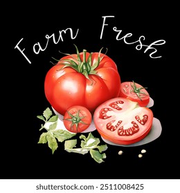 Ilustração de tomate fresco da fazenda com tomates fatiados e inteiros, ervas verdes vibrantes e sementes em um fundo preto. Perfeito para comida orgânica, decoração de cozinha e temas de fazenda a mesa.	