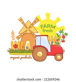 Farm Fresh vector illustration with rural landscape, label with agriculture elements in cartoon style
