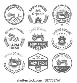 Farm fresh vector product labels, badges, emblems and stickers with tractor isolated on white background. Farming and agriculture, organic food, locally grown design elements for product packaging 