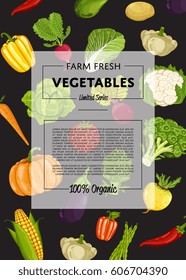 Farm fresh vegetable banner vector illustration. Natural growing, organic farming retail, vegan product store poster. Healthy food advertising with pepper, radish, cabbage, carrot, eggplant, pumpkin