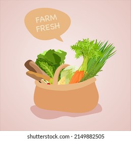 Farm fresh. Vegetable basket. Cartoon flat style vector illustration isolated on pink background. Organic food, carrot, cabbage, salad, green onion, thyme, kale, radish, bread, cheese. 