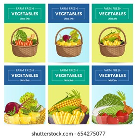 Farm fresh vegetable label set vector illustration. Natural growing sticker, healthy nutrition promo, vegan product store tag. Food advertising with pepper, tomato, cabbage, broccoli, corn, onion