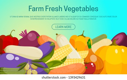 Farm fresh vegetables banner vector illustration. Food market. Vegetarian, natural and organic products. Healthy lifestyle. Includes pepper, tomato, potato, carrot, beet.