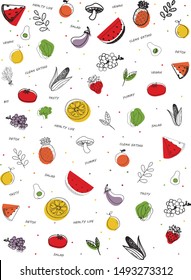 Farm fresh vegetables and fruits seamless pattern. Sketch style vector illustration. - Vektör