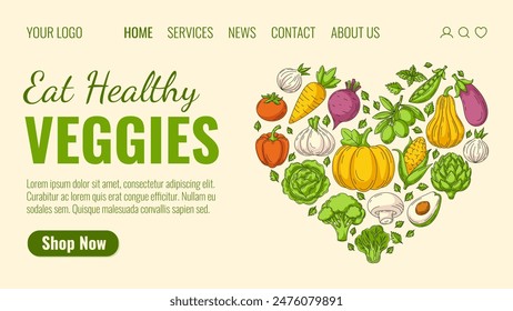 Farm fresh vegetables, heart shape. Order organic food, natural veggies, healthy food home delivery. Landing page vector template for website, web, grocery, online store, farmer market.