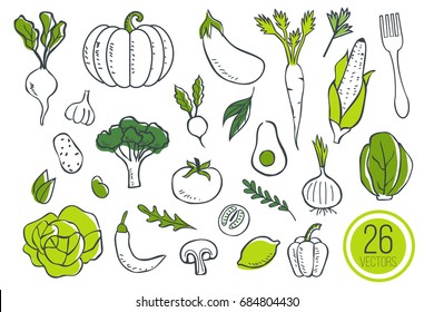 Farm fresh vegetables icons. Sketch style vector illustration isolated on white background.