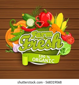 Farm fresh vegetables label. Wooden background. Organic farm illustration. Healthy lifestyle vector illustration design elements.