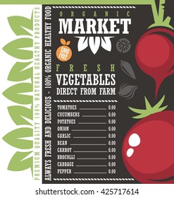 Farm Fresh Vegetables Market.  Creative price list vector design concept. Agricultural products store chalkboard sign. Banner or ad layout for 100% organic gmo free food. Natural healthy food.