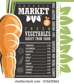 Farm Fresh Vegetables Market. Organic natural healthy food. Creative price list design concept. Agricultural products store chalkboard sign. Banner or ad template for 100% organic gmo free food. 