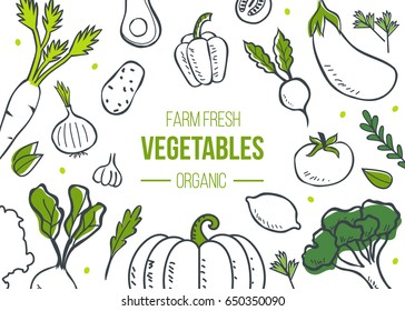 Farm fresh vegetables poster. Sketch style vector illustration.