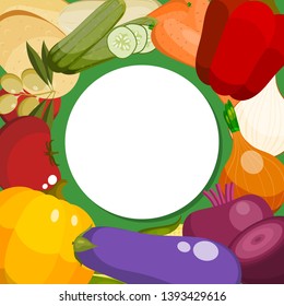 Farm fresh vegetables round pattern vector illustration. Food market. Vegetarian, natural and organic products. Healthy lifestyle. Includes pepper, tomato, potato, carrot.