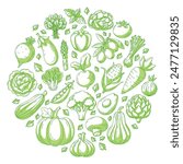 Farm fresh vegetables, round shape form. Veggies vector green line icons on isolated background. Organic food, natural eco products. Square card for banner, poster, menu, social media, web design