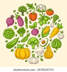 Granja de verduras frescas, forma redonda. Iconos de línea coloridos del Vector de las verduras sobre fondo aislado. Comida orgánica, productos ecológicos naturales. Tarjeta cuadrada para Anuncio, póster, menú, medios sociales, Diseño web