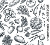 Farm fresh vegetables seamless pattern. Vector hand drawn sketch illustration of broccoli, carrot, tomato, cucumber, greens. Label package background. Wrapping paper, textile print design