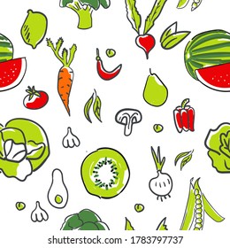 Farm fresh vegetables seamless pattern. Sketch style vector illustration.