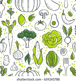 Farm fresh vegetables seamless pattern. Sketch style vector illustration.