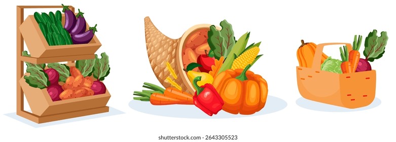 Farm fresh vegetables set. Vector flat cartoon illustration of veggies in market box, cornucopia and basket. Autumn farming harvest, seasonal grocery design elements