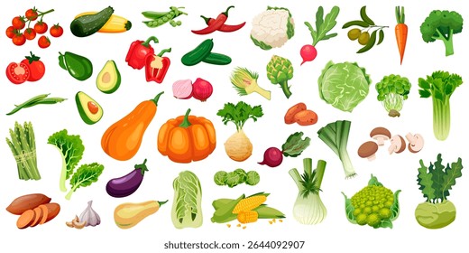 Conjunto de legumes frescos de fazenda. Ilustração vetorial vegetariana. Alimentos veganos saudáveis, agricultura e elementos de design de colheita. Ícones de tomate, cenoura, brócolis, cebola, alho, repolho e pimenta