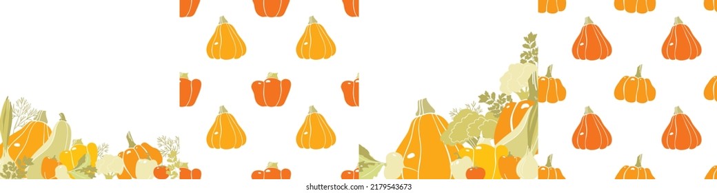 Farm fresh vegetables. Vector set of posters of vegetables and patterns with pumpkins on a white background