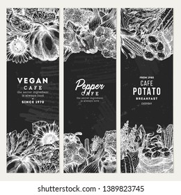 Farm fresh vertical banner chalkboard design templates. Vintage vegetables. Vector illustration