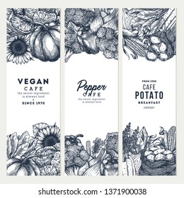 Farm fresh vertical banner design templates. Vintage vegetables. Vector illustration