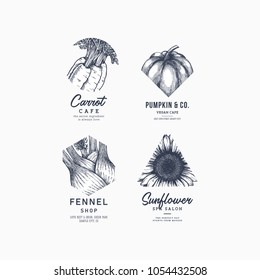 Farm fresh vintage logo collection. Engraved logotype set.  Vector illustration