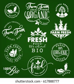 Farm Fresh,Organic and BIO Food Labels and Badges in Vintage Style. Design Elements for Wood Crates and Vegetable Boxes. Vector Illustrations.